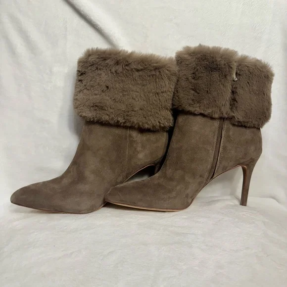 NIB Sam Edelman Oleana Suede Faux Fur Trim Stiletto Booties Flint Grey - Picture 6 of 13